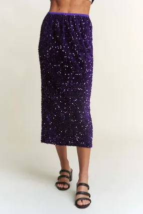 Royal Purple Sequin Back Slit Midi Skirt