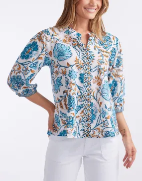 Scarlett Cotton Blouse - Blue/Gold