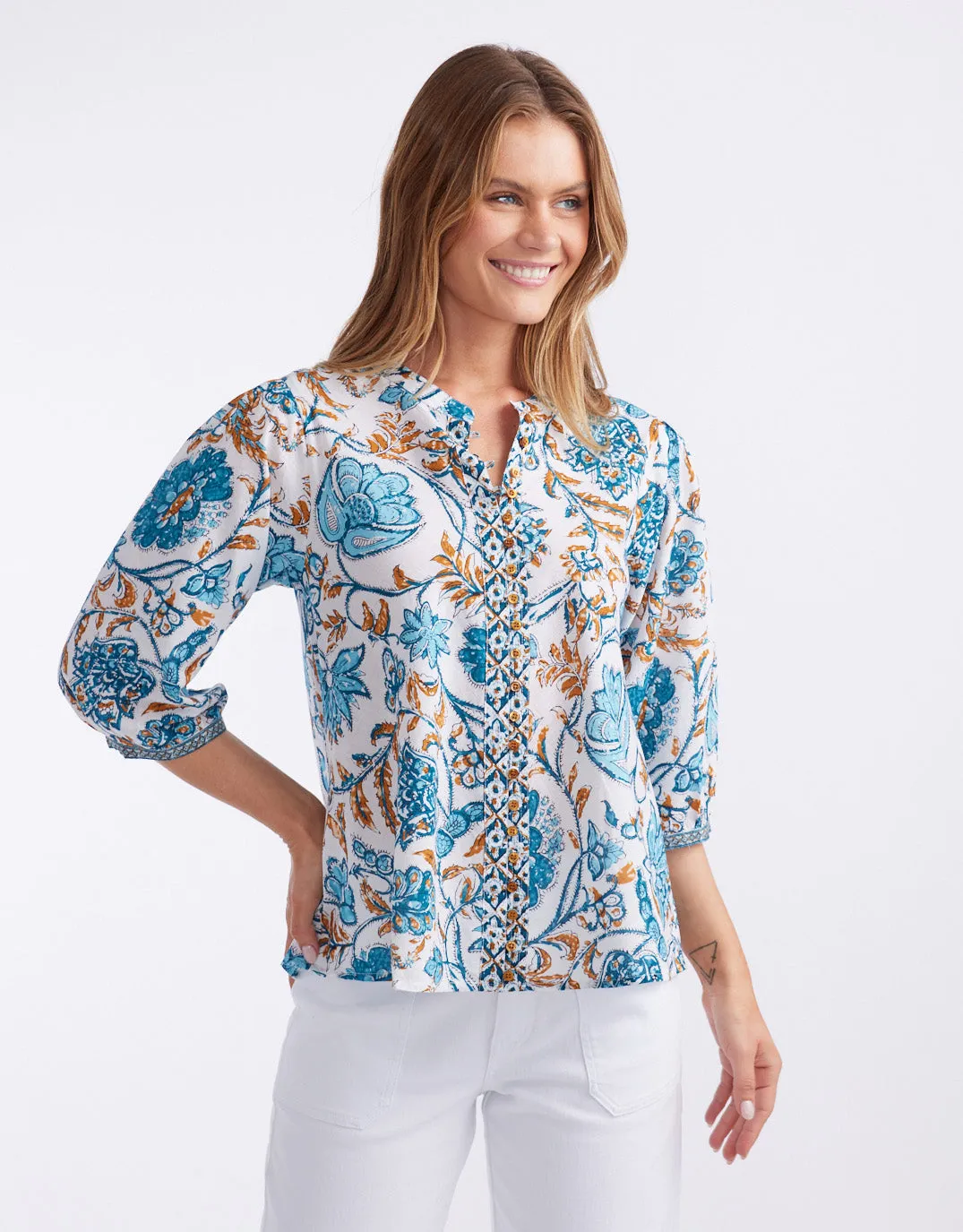 Scarlett Cotton Blouse - Blue/Gold