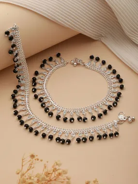 Set Of 2 Silver Plated & Black Crystal Beaded & Cz Studded Anklets