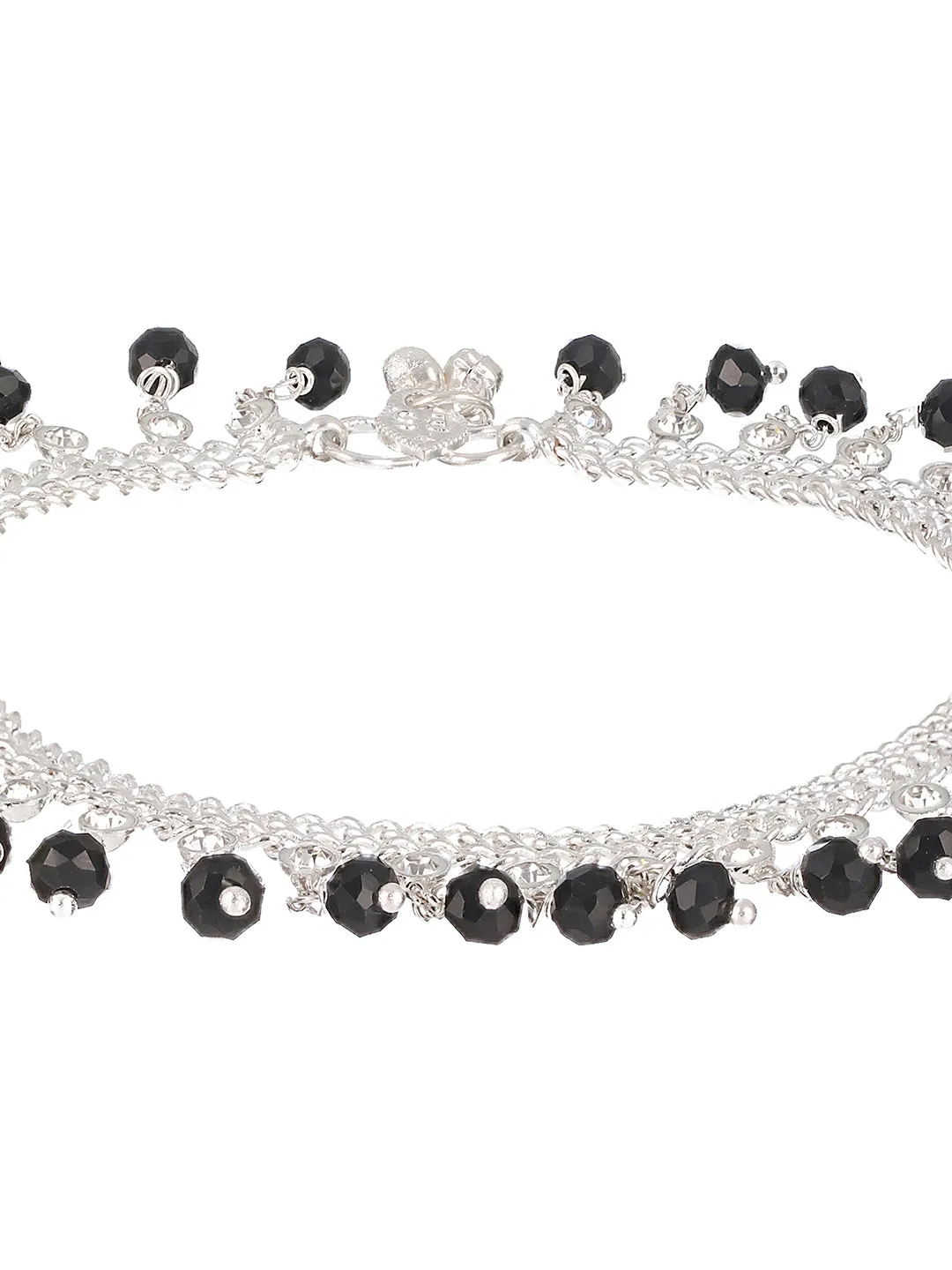 Set Of 2 Silver Plated & Black Crystal Beaded & Cz Studded Anklets