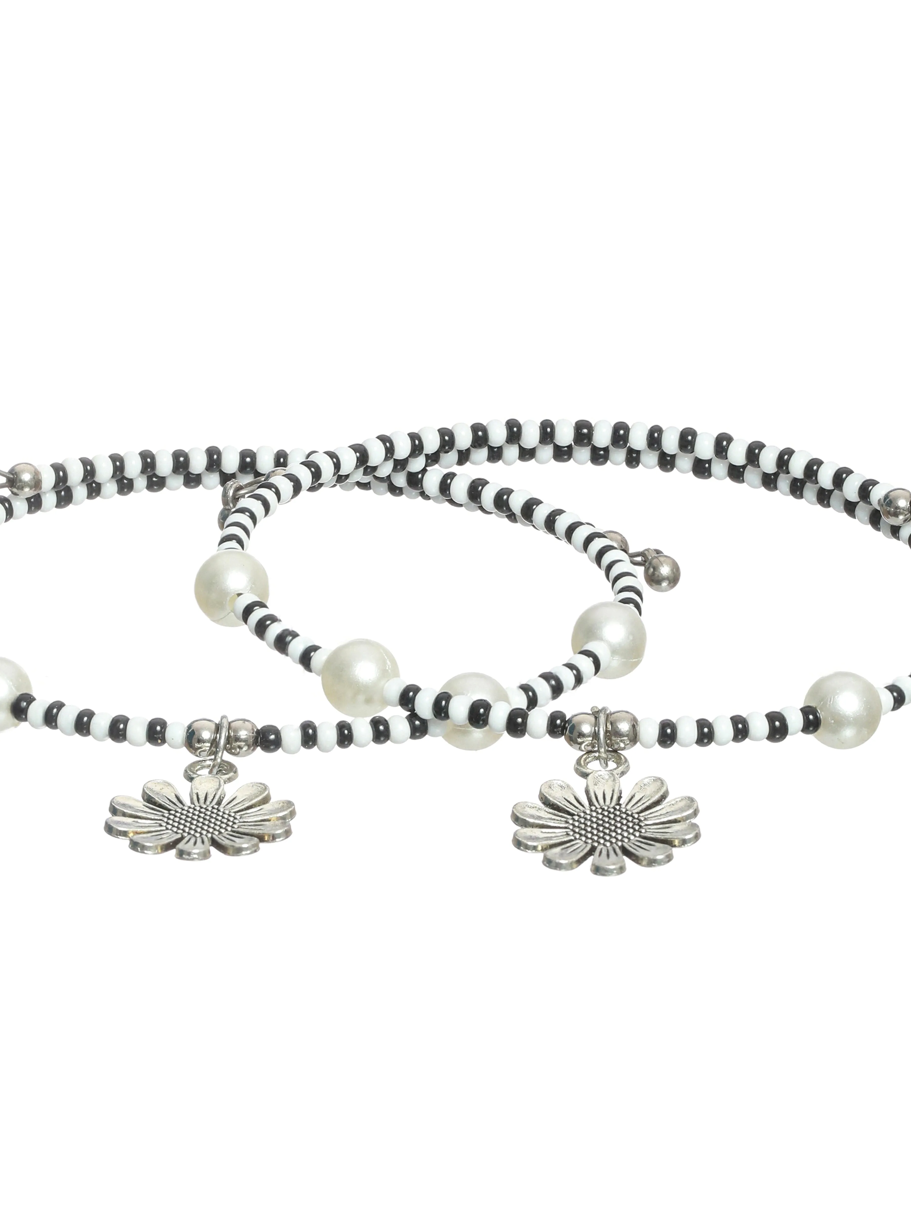 Set Of 2 Silver-Toned & Black & White Beaded Handcrafted Anklets