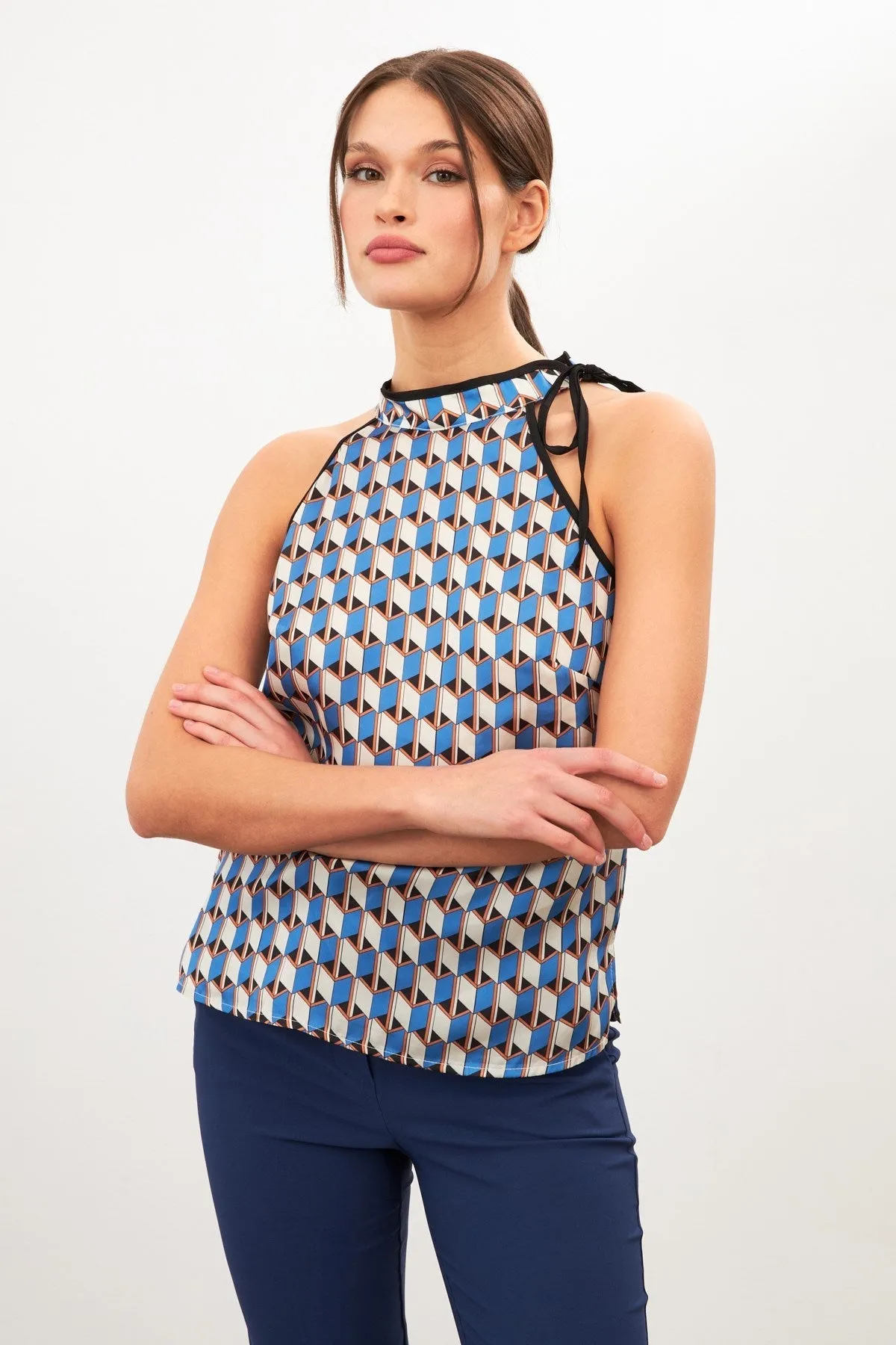 Setre Patterned Halter Neck Tie Detail Blouse Beige/Blue