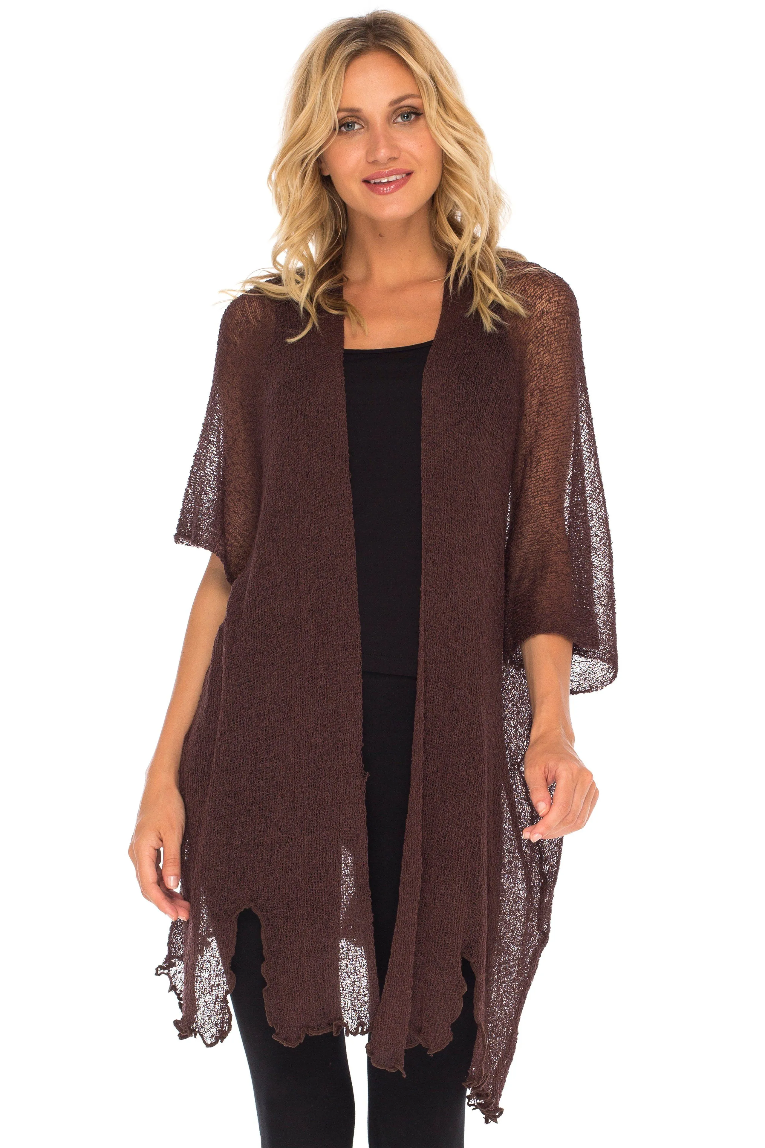 SHU-SHI Womens Long Sheer Kimono Cardigan Sweater Open Front Beach Top Cover Up