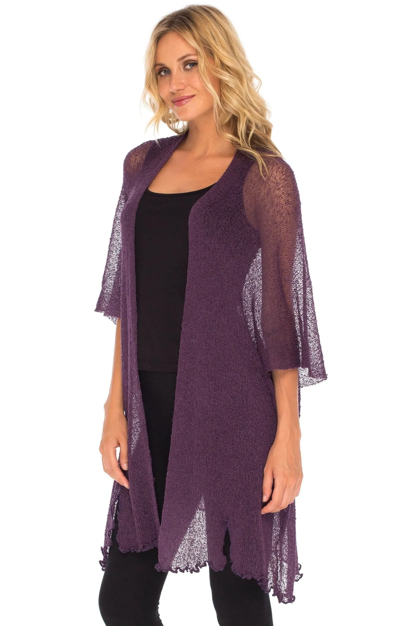 SHU-SHI Womens Long Sheer Kimono Cardigan Sweater Open Front Beach Top Cover Up