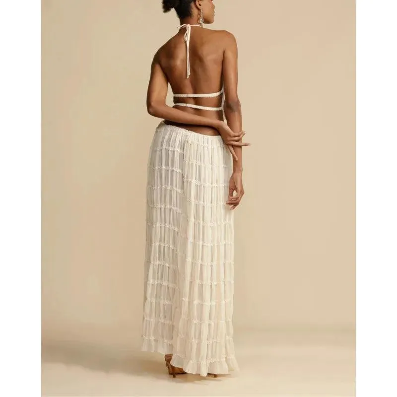 Sleeveless Backless Cropped Halter Tops Drawstring  Long Skirts 2 Piece Sets