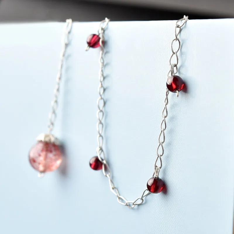 Sterling Silver Garnet Strawberry Quartz Crystal Beaded Anklet Handmade Jewelry Accessories Women