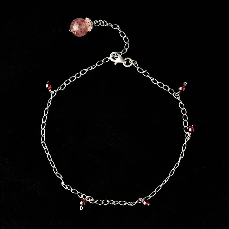 Sterling Silver Garnet Strawberry Quartz Crystal Beaded Anklet Handmade Jewelry Accessories Women