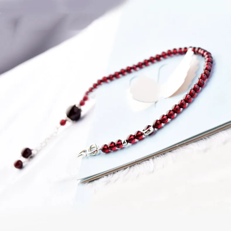 Sterling Silver Red Garnet Beaded Anklet Handmade Jewelry Gemstone Accessories Women