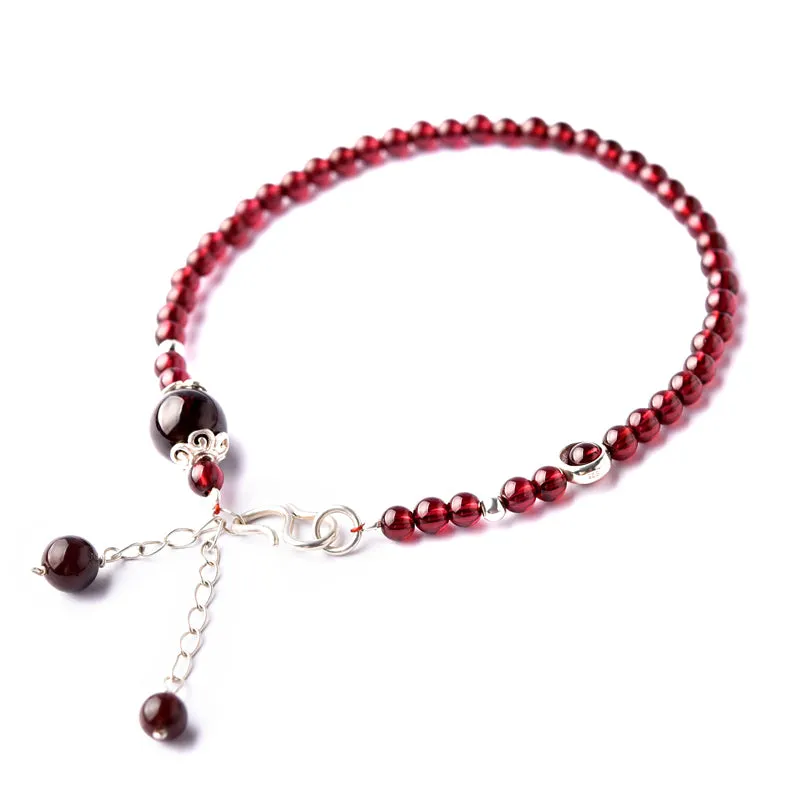 Sterling Silver Red Garnet Beaded Anklet Handmade Jewelry Gemstone Accessories Women