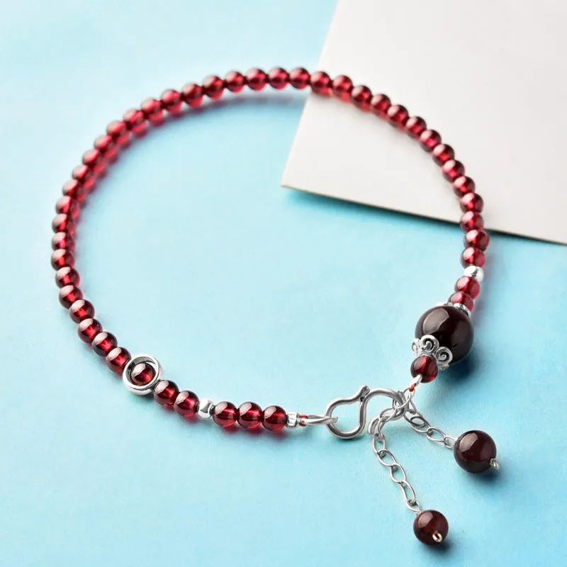 Sterling Silver Red Garnet Beaded Anklet Handmade Jewelry Gemstone Accessories Women