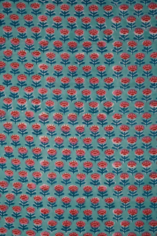 Teal Pure Cotton Bagru Hand Block Printed Fabric