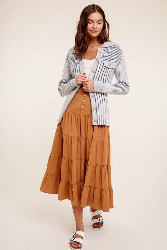 Two Tone Ribbed Belt Cardigan Sweater