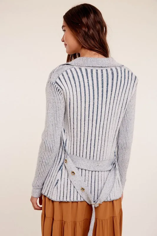 Two Tone Ribbed Belt Cardigan Sweater