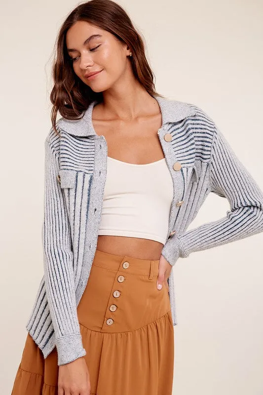 Two Tone Ribbed Belt Cardigan Sweater