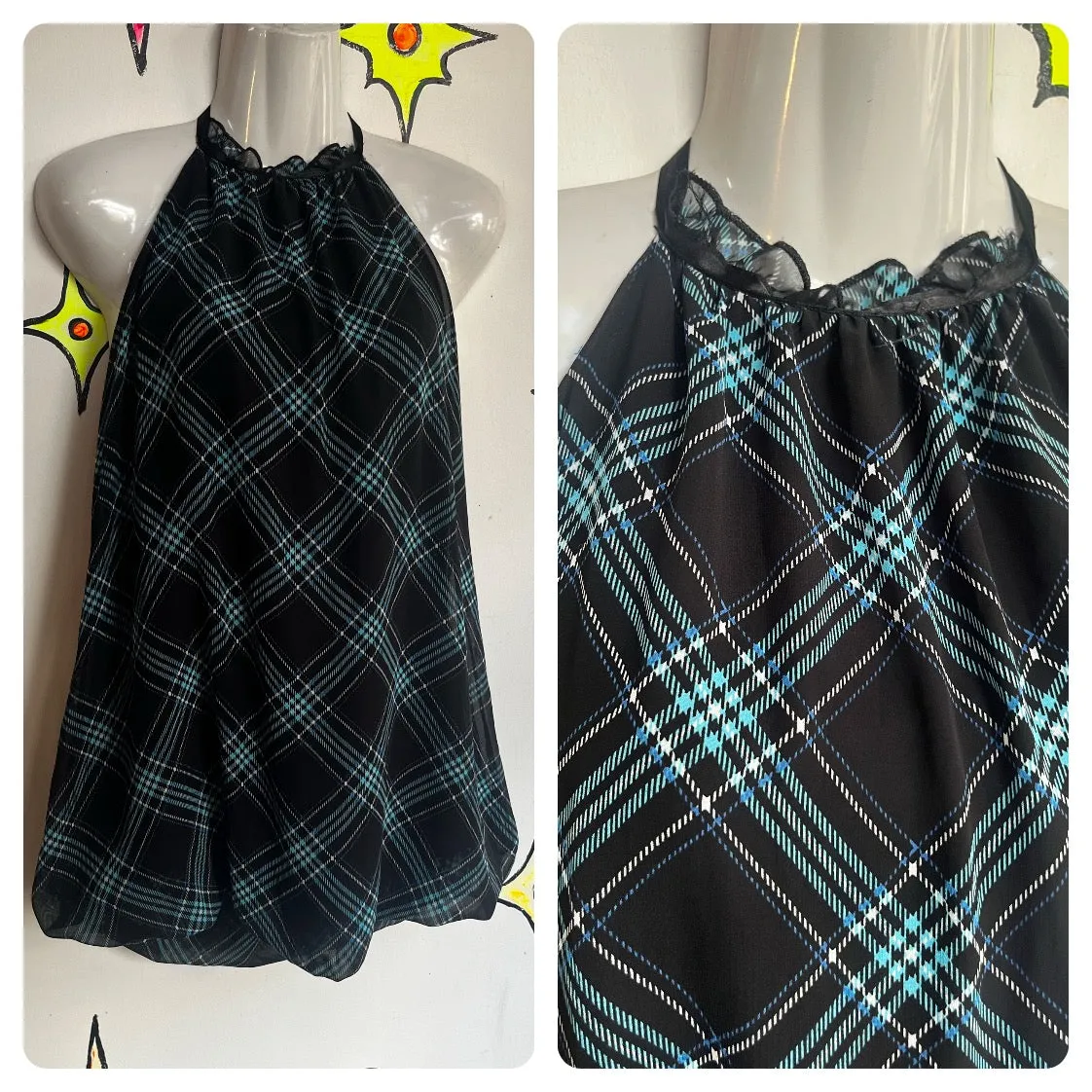 Vintage Y2K 2000s | Plaid Fairy Grunge Goth Emo Bubble Hem Halter Top or Dress M