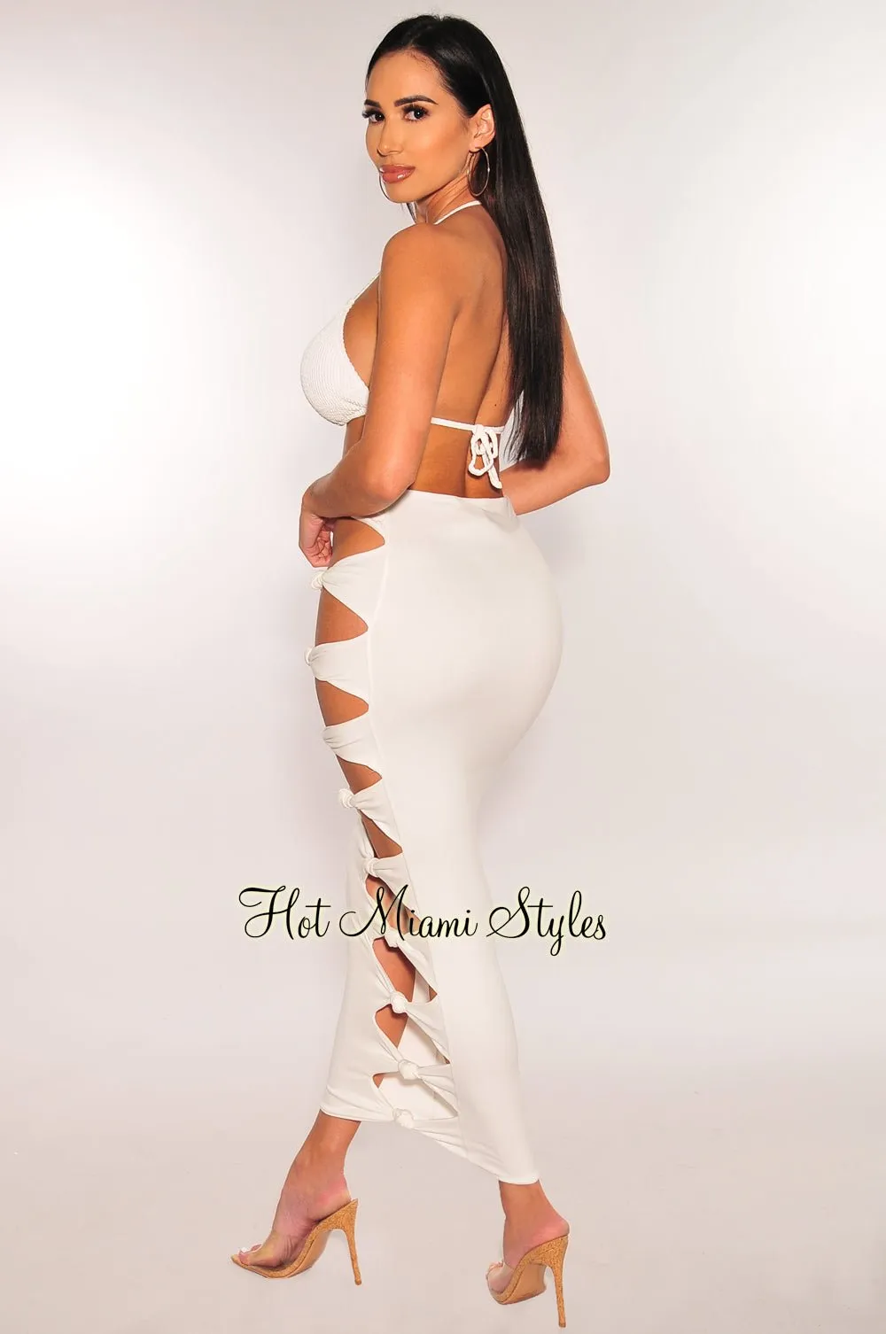 White High Waist Cut Out Knotted Slit Skirt