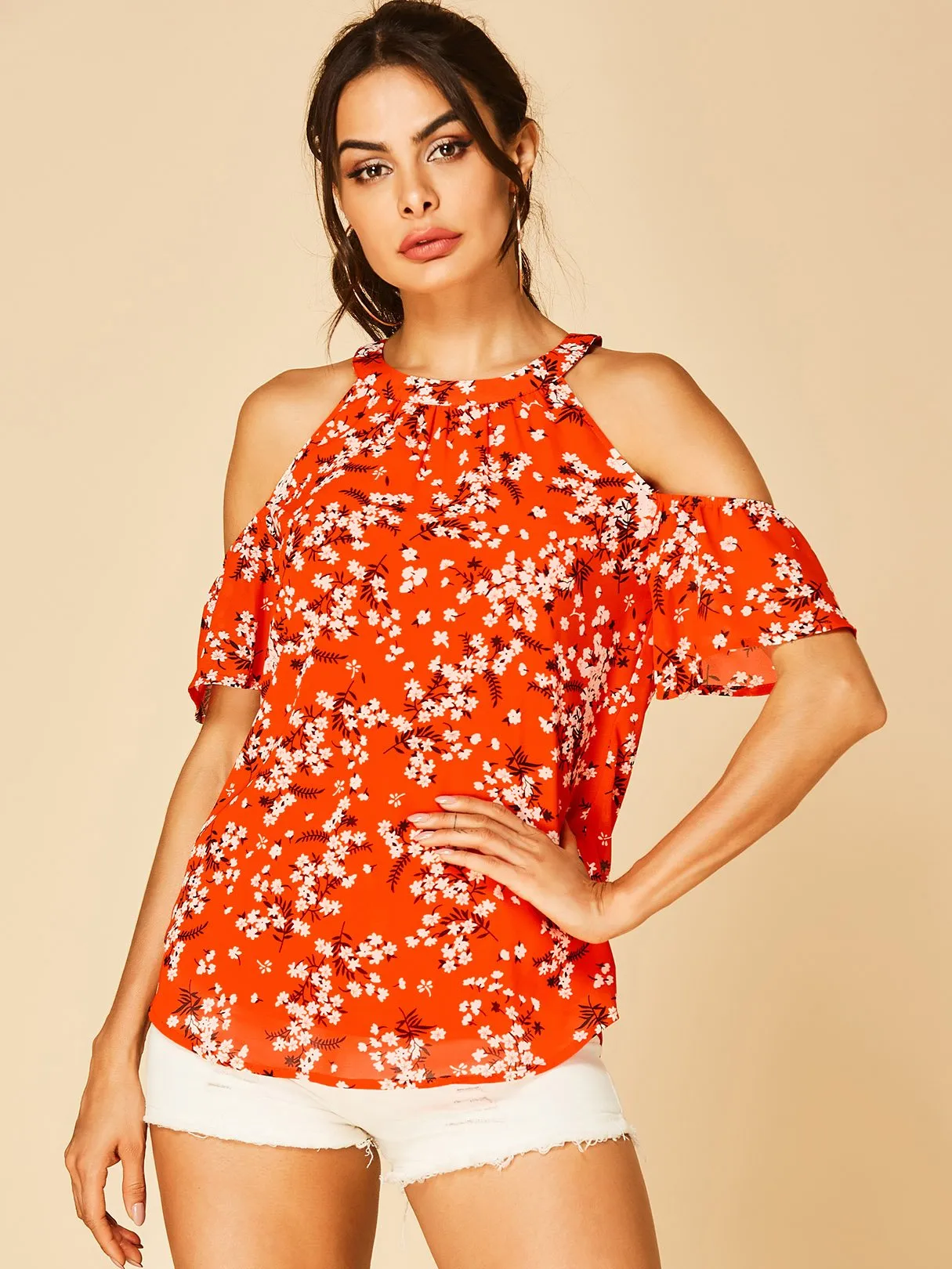 Wholesale Halter Cold Shoulder Pleated Short Sleeve Orange Blouses