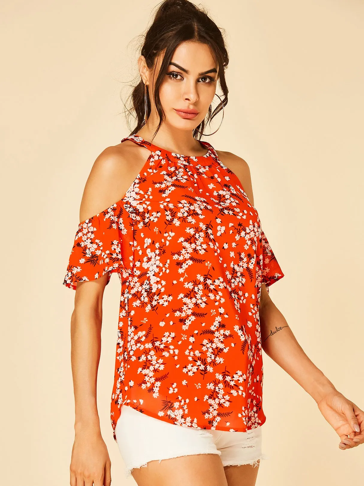 Wholesale Halter Cold Shoulder Pleated Short Sleeve Orange Blouses