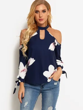 Wholesale Navy Halter Cold Shoulder Long Sleeve Floral Print Hollow Self-Tie Blouses