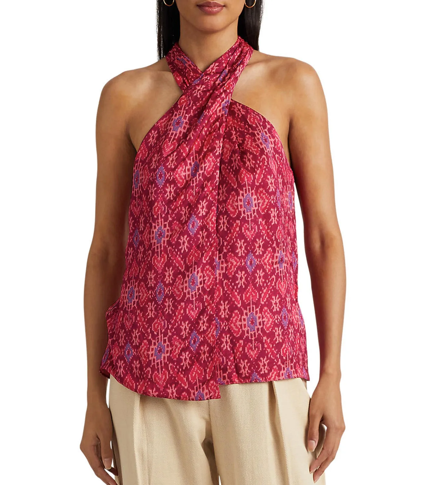 Women's Geo-Print Shantung Halter Blouse Fuchsia Multi