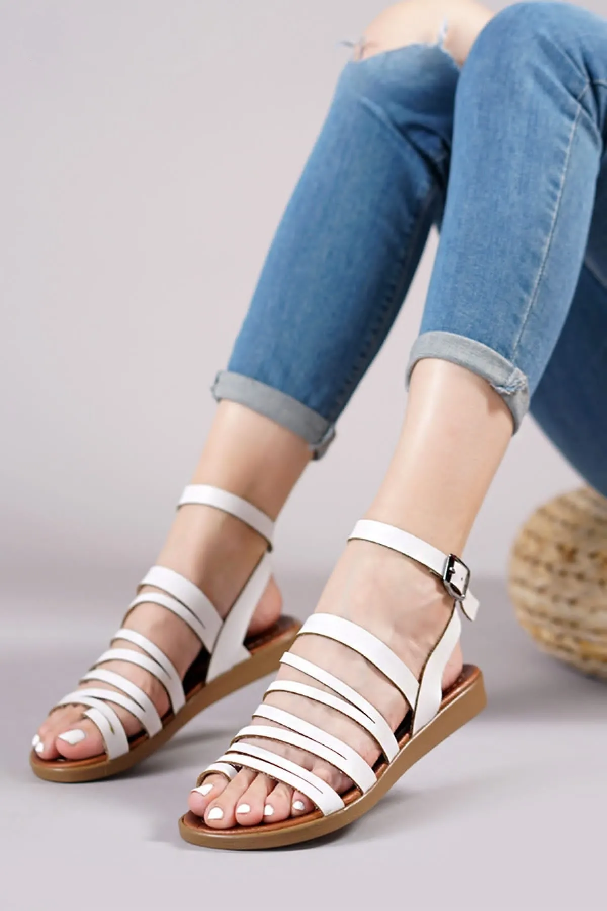 Women's Leather Strappy Cute Sandals 3003 - White