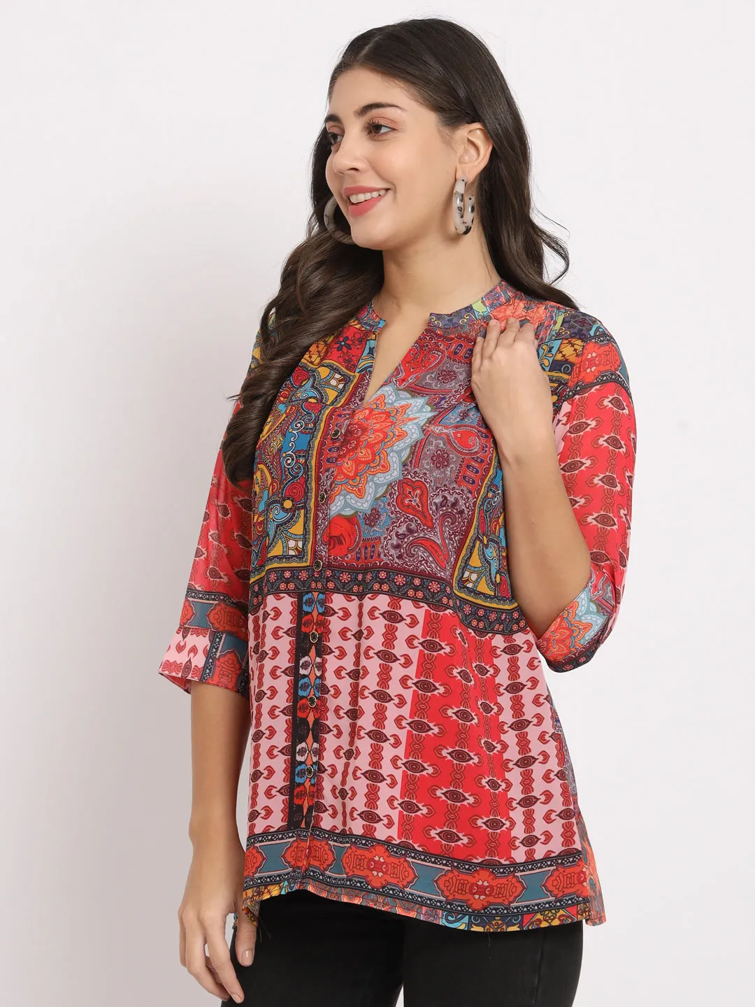 Women's Mandarin Collar Printed Ethnic Kurti