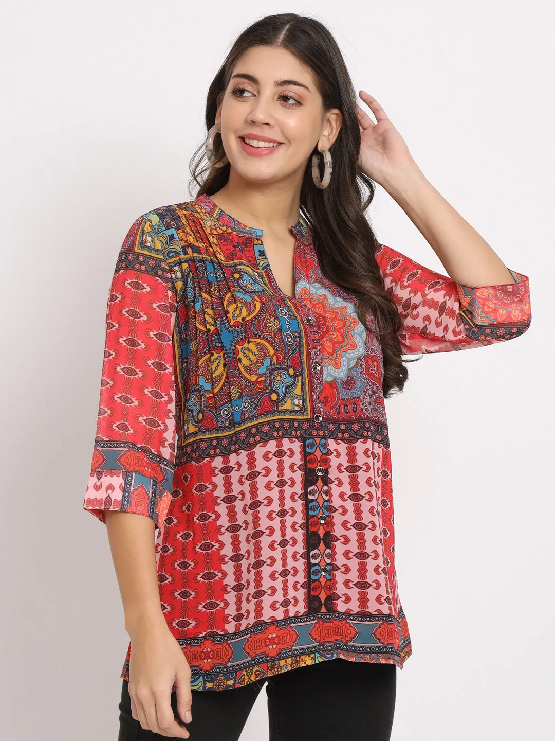 Women's Mandarin Collar Printed Ethnic Kurti