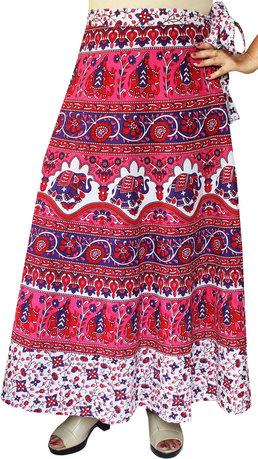 Women's Printed Long Cotton Wrap Around India Skirt (Pink, One Size)