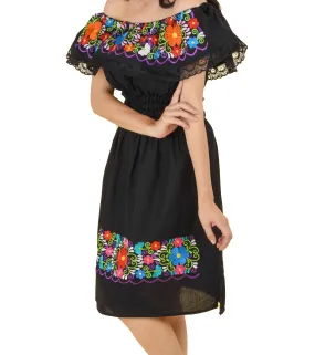 Womens Traditional Embroidered Manta Off Shoulder Dress Floral Black