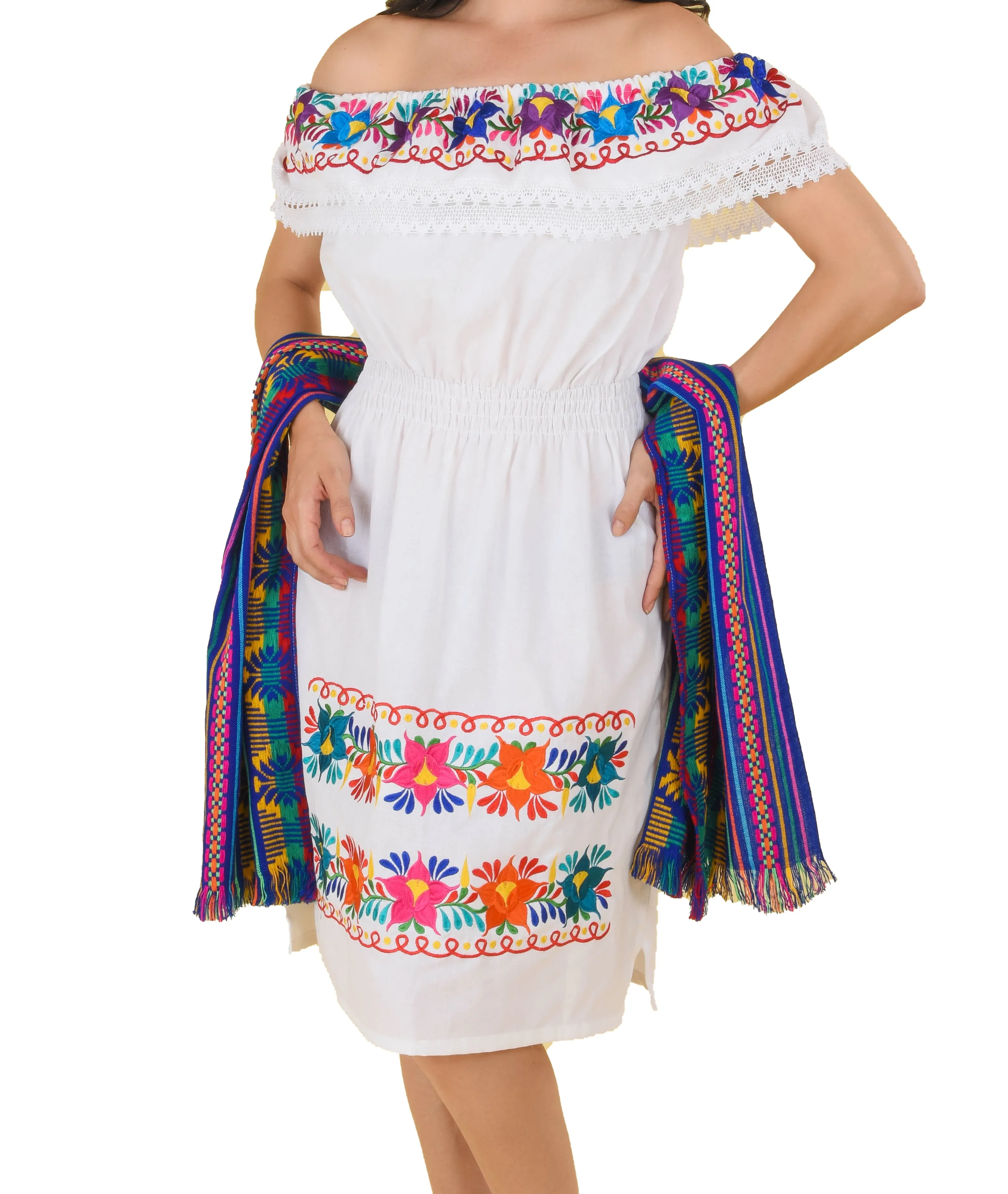 Womens Traditional Embroidered Manta Off Shoulder Dress Floral Loop White