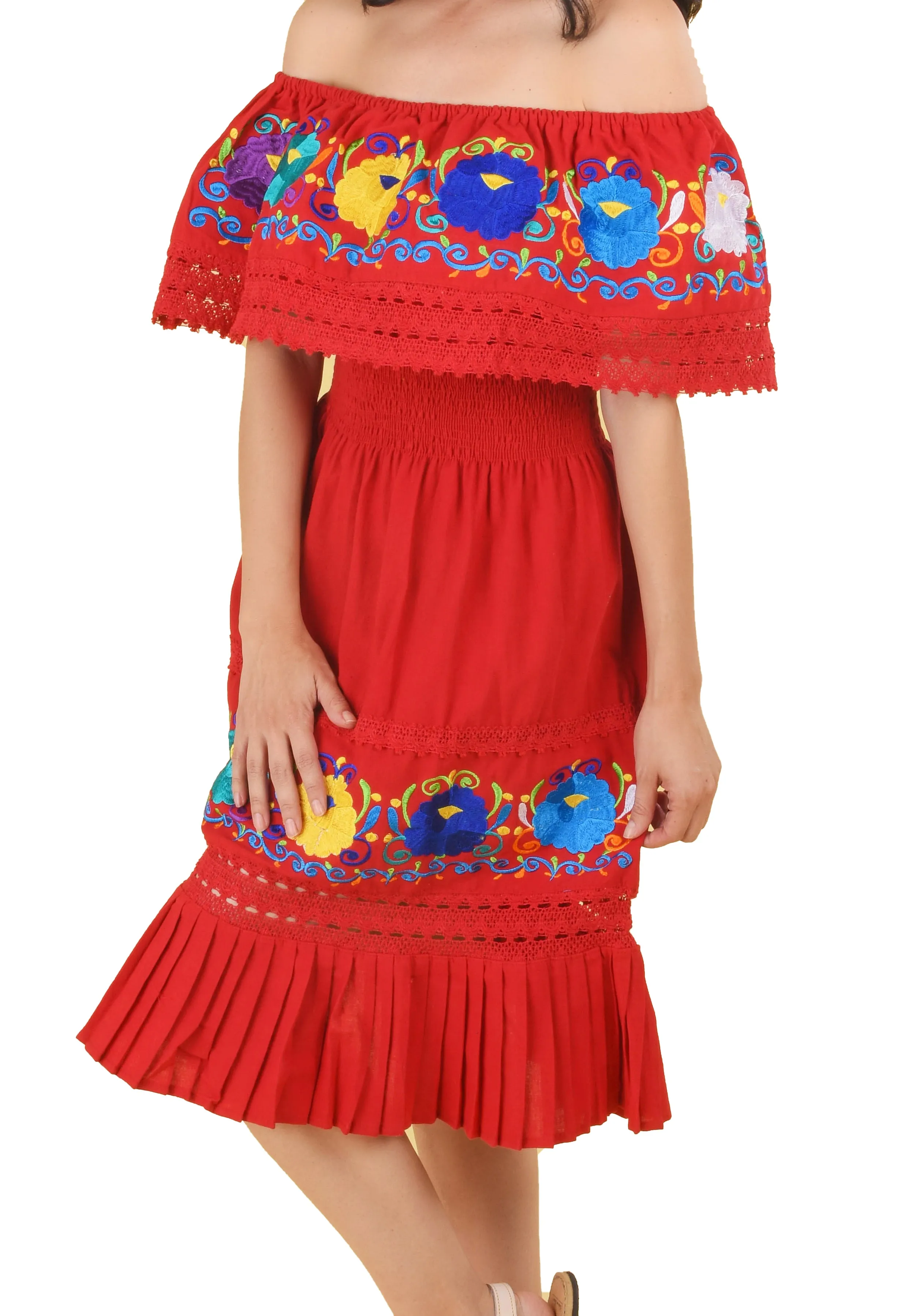 Womens Traditional Embroidered Manta Off Shoulder Pleated Bottom Dress Floral Red