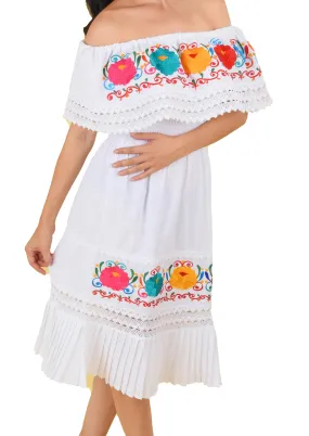 Womens Traditional Embroidered Manta Off Shoulder Pleated Bottom Dress Floral White