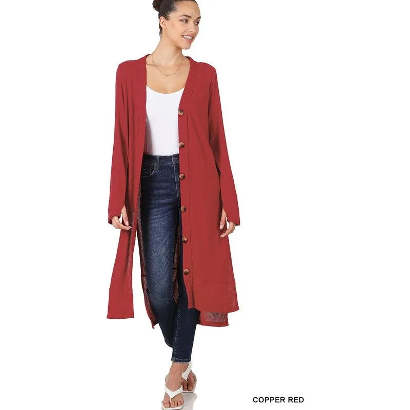 ZENANA Casual Long Buttoned Ribbed Cardigan with Side Splits