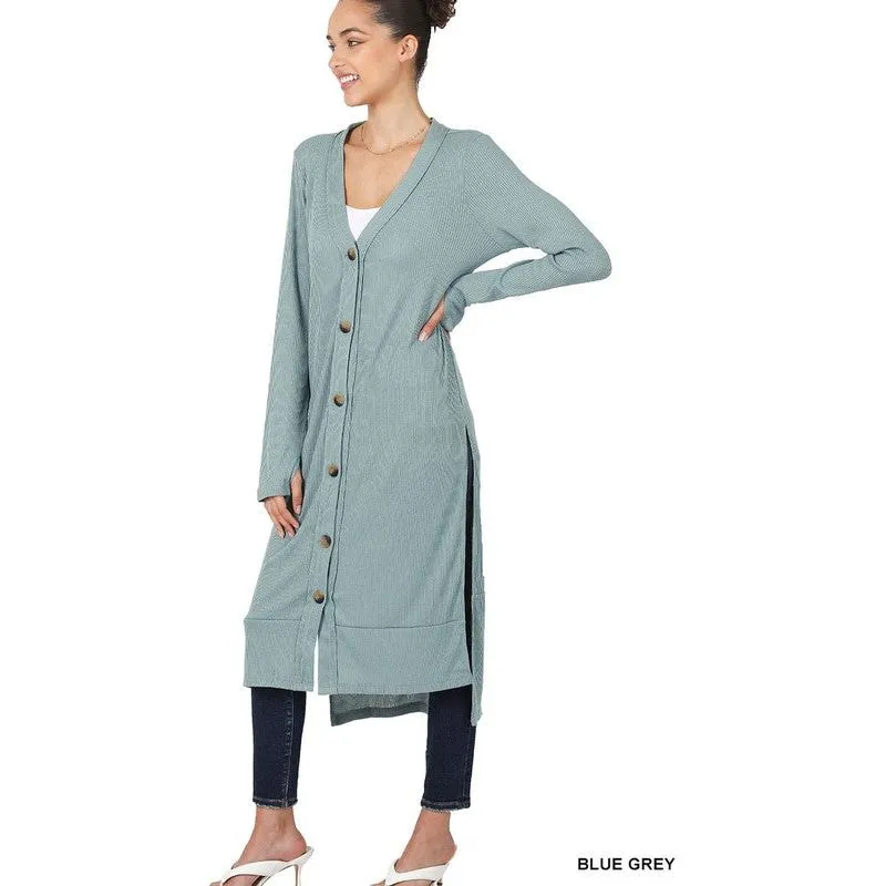 ZENANA Casual Long Buttoned Ribbed Cardigan with Side Splits