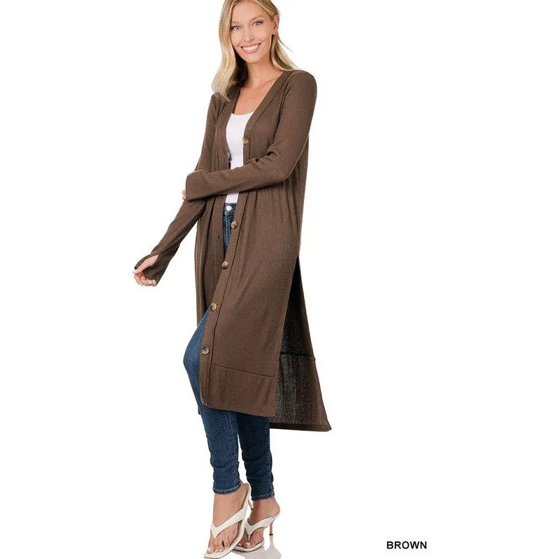 ZENANA Casual Long Buttoned Ribbed Cardigan with Side Splits