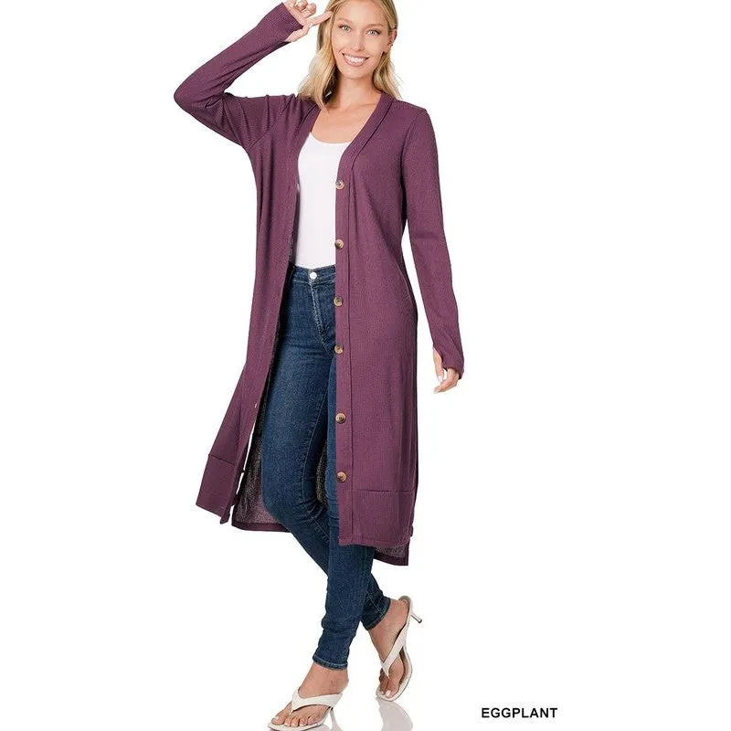 ZENANA Casual Long Buttoned Ribbed Cardigan with Side Splits