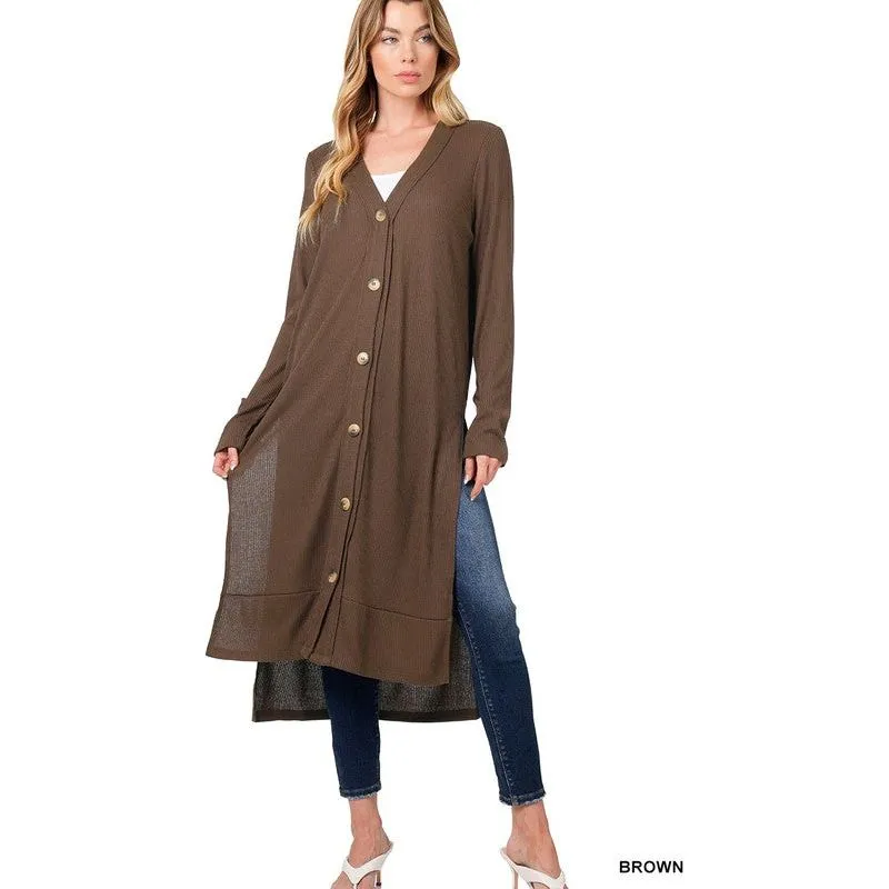 ZENANA Casual Long Buttoned Ribbed Cardigan with Side Splits