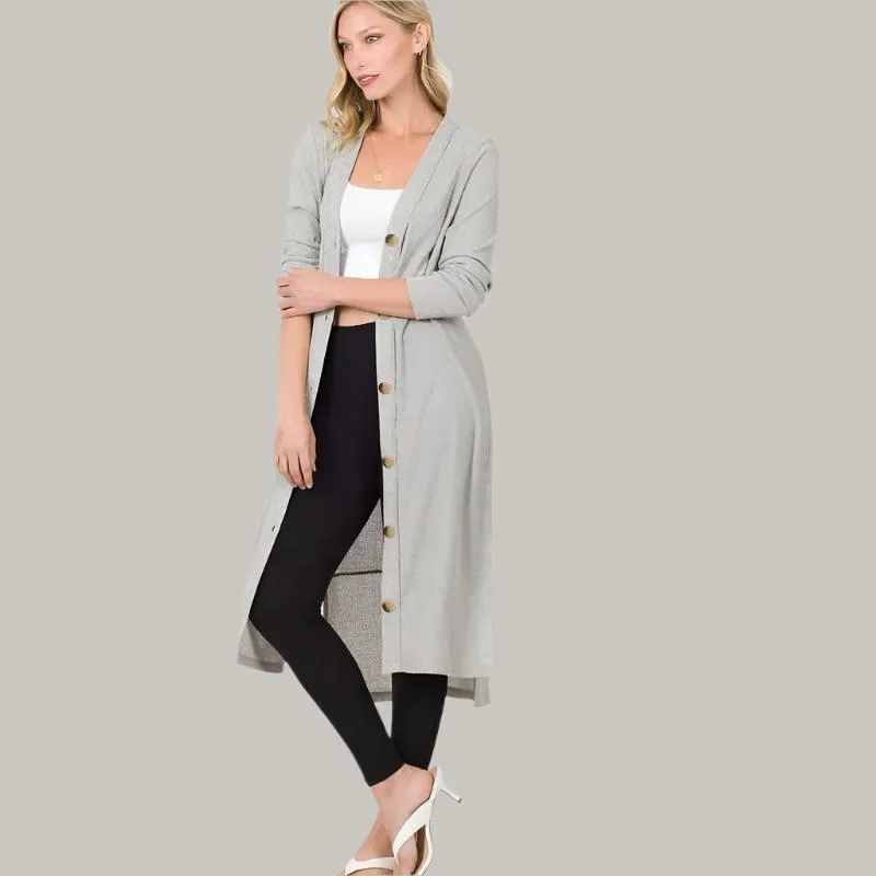 ZENANA Casual Long Buttoned Ribbed Cardigan with Side Splits